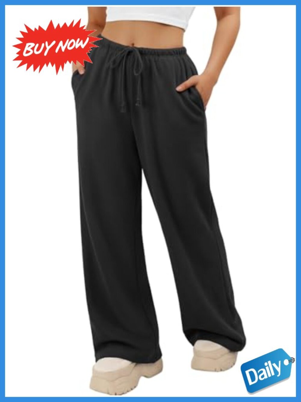 Womens Wide Leg Sweatpants Polyester Cotton Blend Drawstring Pockets